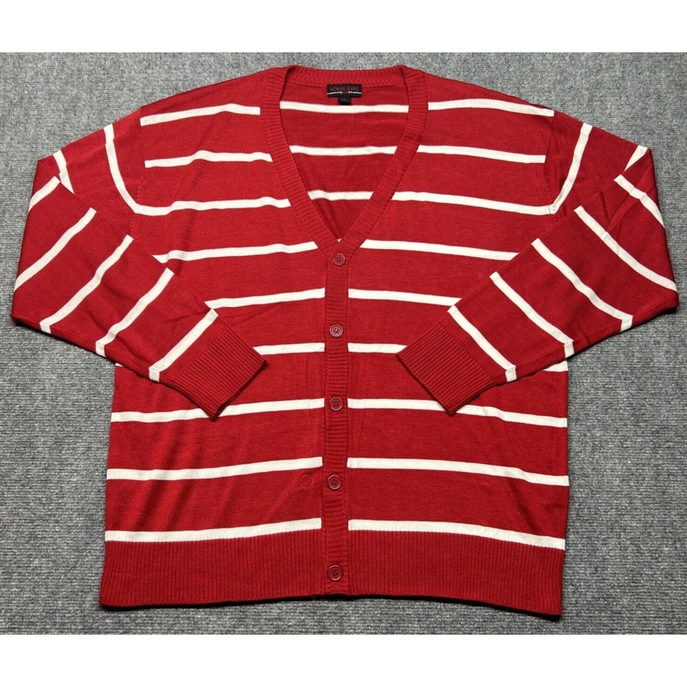 Vintage Koman Jeans V-Neck Sweater Mens 2XL Red White Striped Long Sleeve Y2K